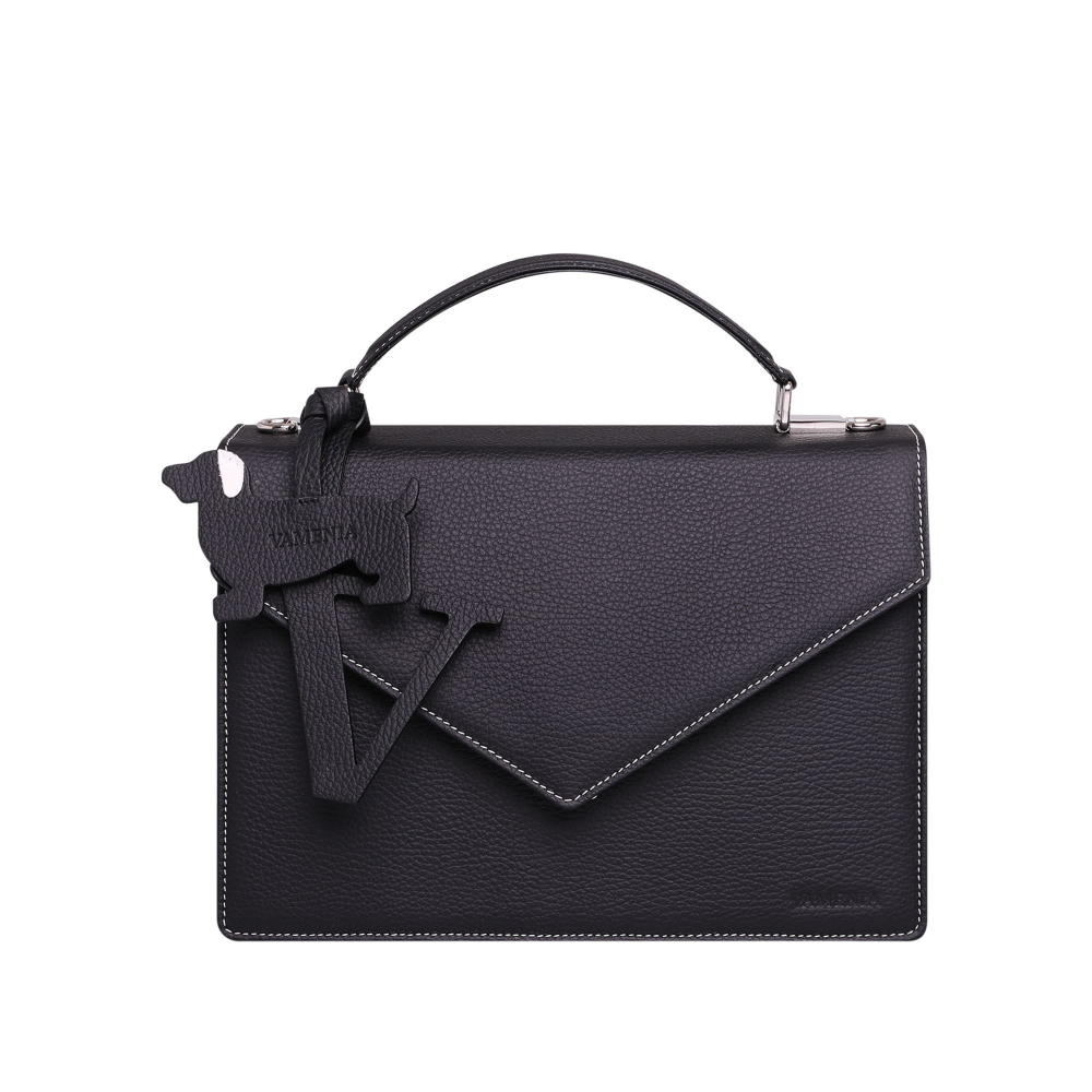 Handle Bag with shoulder strap made of calfskin black